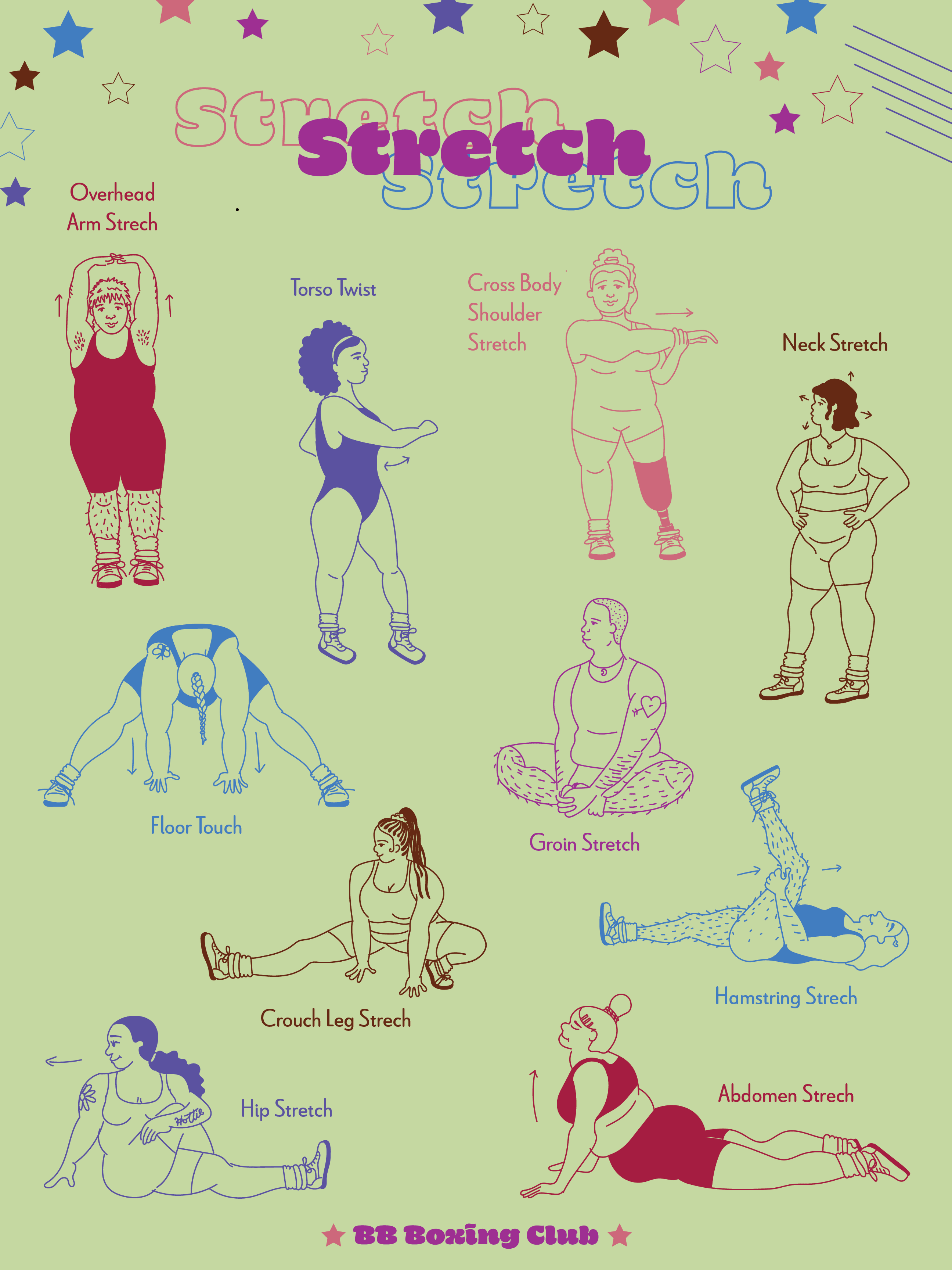 photo of an illustrated poster of workout stretches being demonstrated by fat femme and queer people