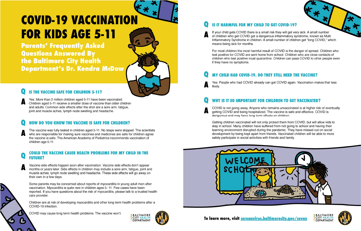 photo of a one pager with images of a father and son and students in masks with bandages on their arm from their covid-19 vaccine