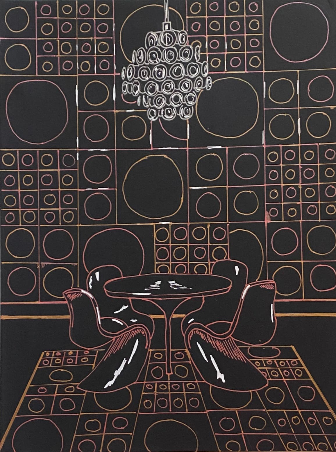 photo of a gel pen line drawing on black paper of a 1960s dining room with circle pattern on walls and rug