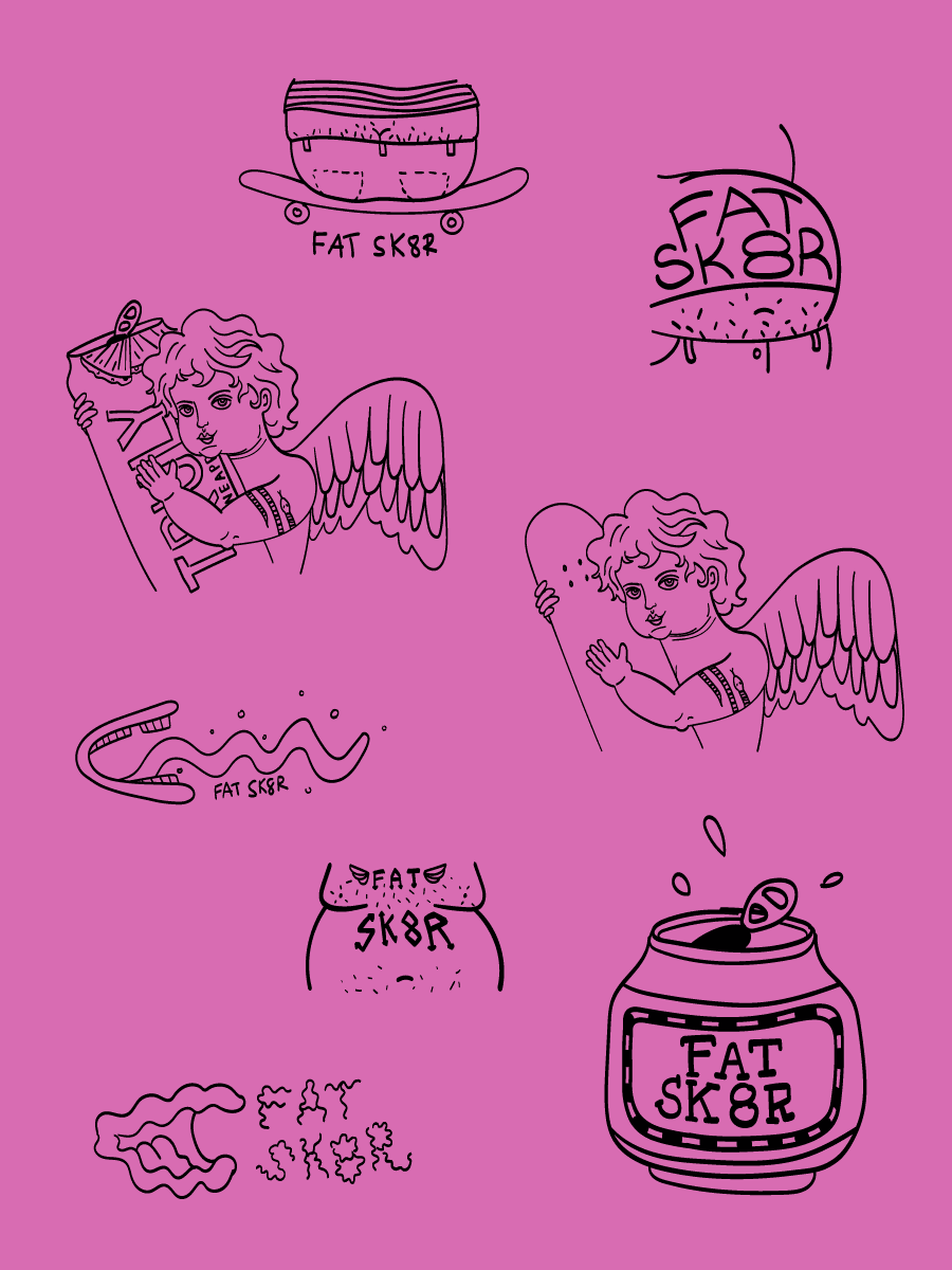 photo of several illustrations including a butt sitting on a skateboard, a beer belly tshirt saying fat sk8r, a cherub cuddling a Truly, a cherub cuddling a skateboard, a mouth and tongue, a beer belly with a tattoo reading fat sk8r, a small chubby beer can that says fat sk8r on the label, a mouth and wavy font that says fat sk8r