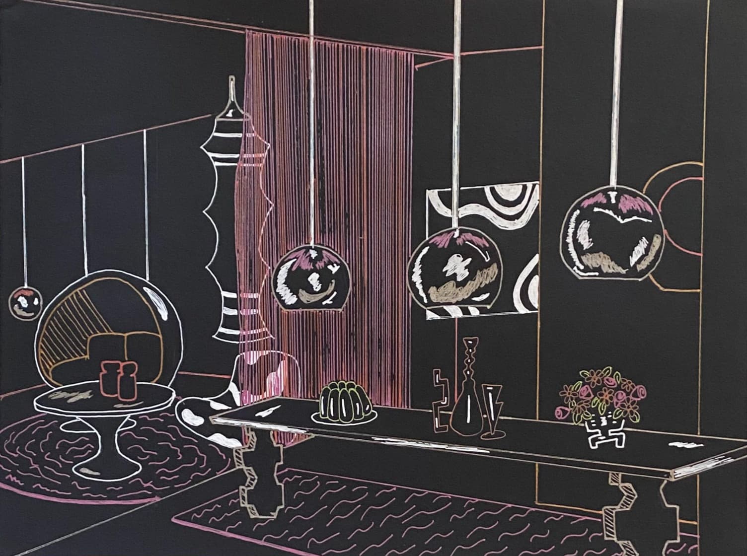 photo of a gel pen line drawing on black paper of a 1960s dining room and living room with chrome accents