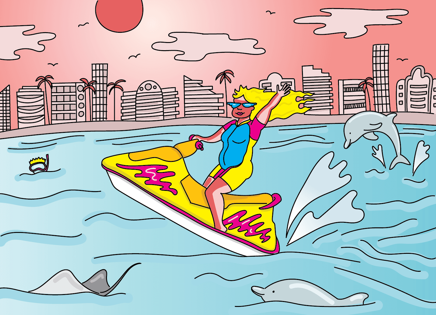 photo of an illustration of a sunburned blonde woman on a 90s jet ski with dolphins swimming around her