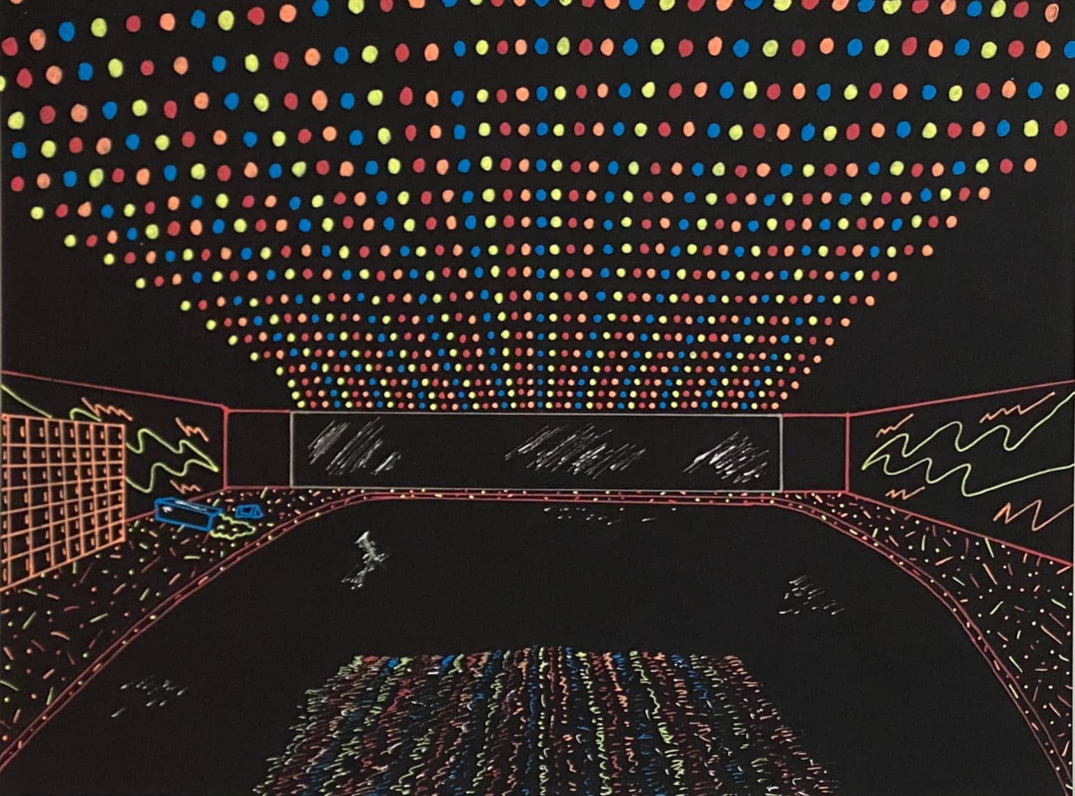 photo of a gel pen line drawing on black paper of an empty roller rink with lights covering the entire ceiling