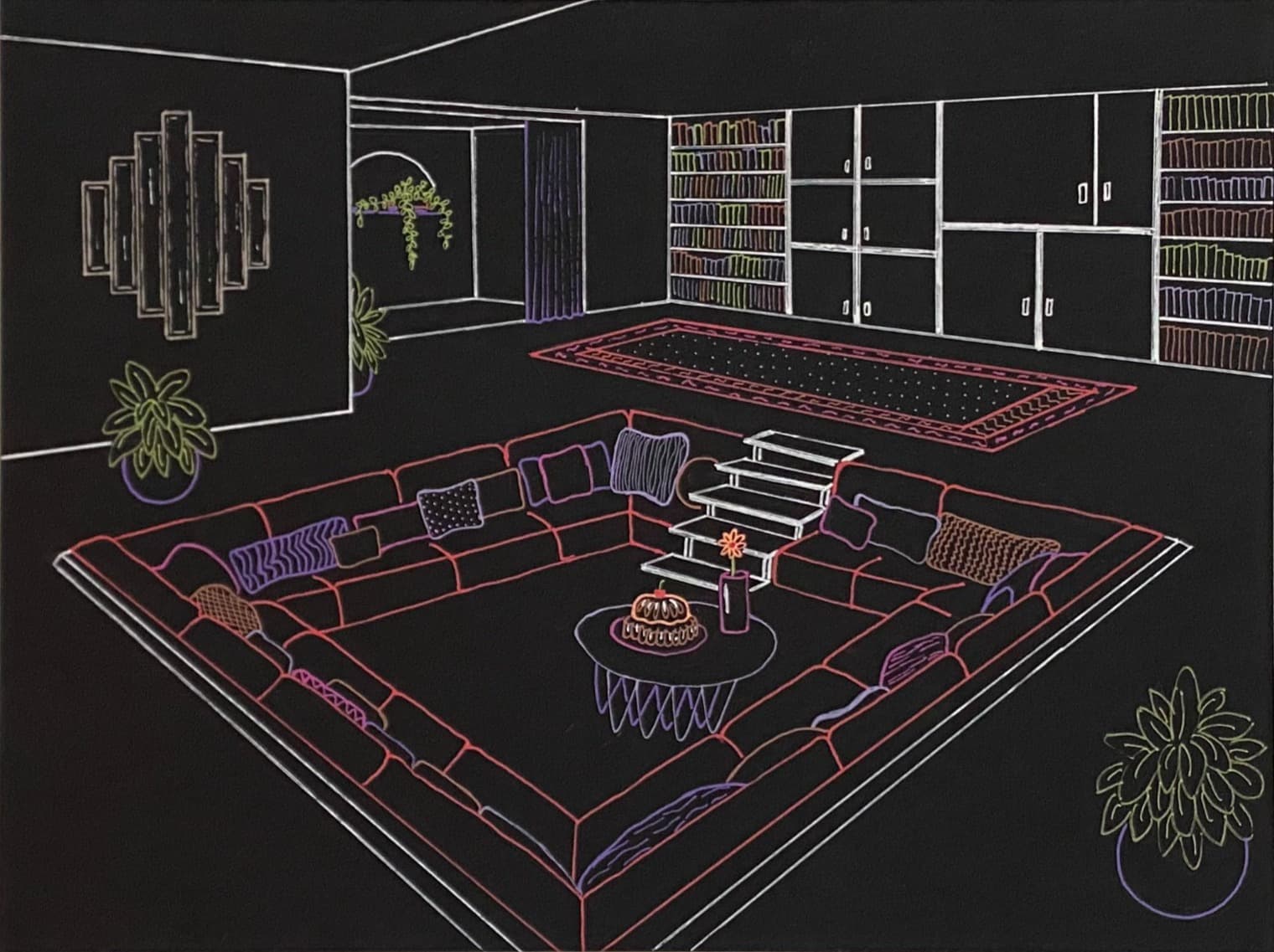 photo of a gel pen line drawing on black paper of a 1960s living room with a square conversation pit sofa