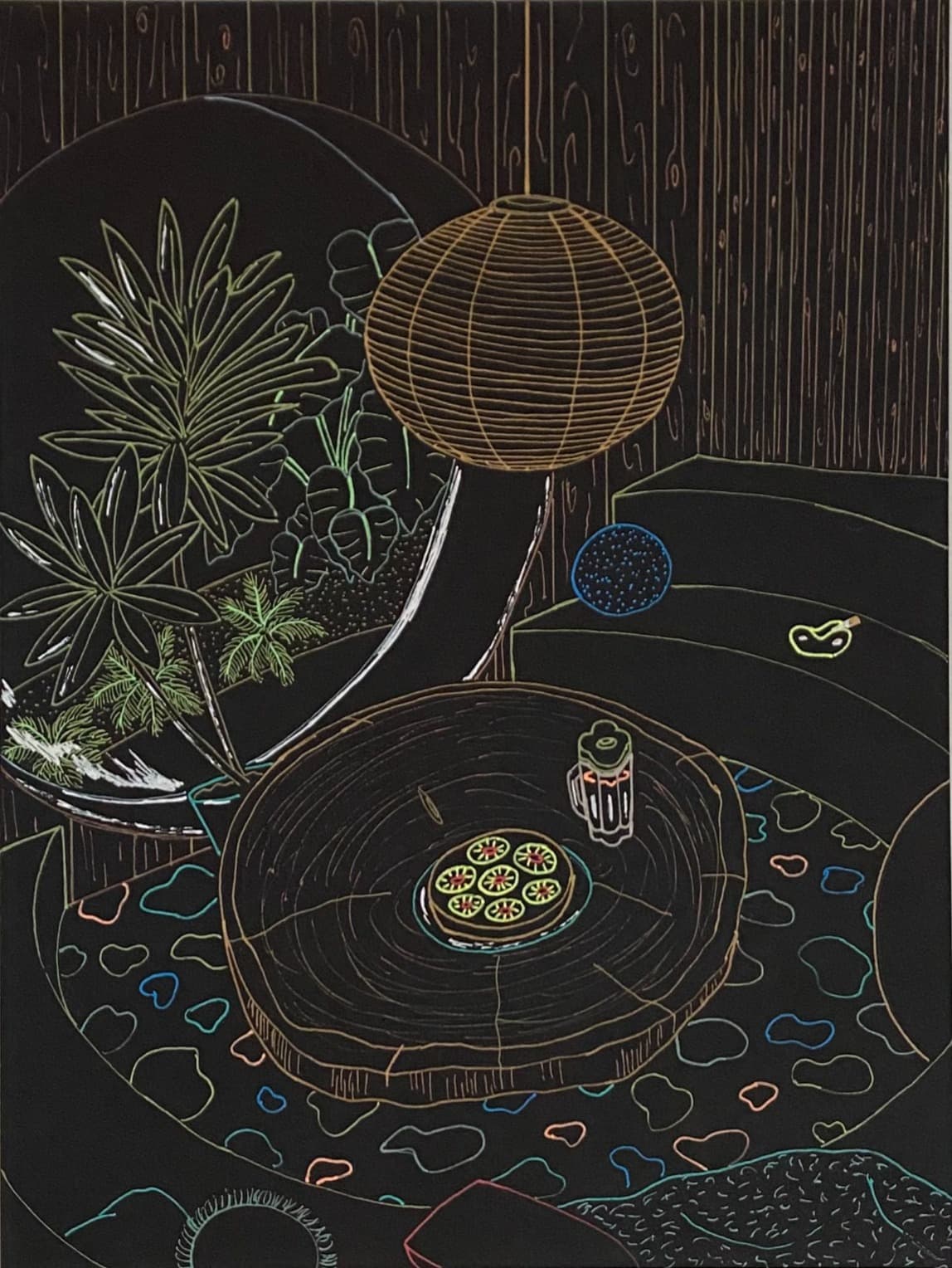 photo of a gel pen line drawing on black paper of a 1960s tropical living room with a round conversation pit sofa