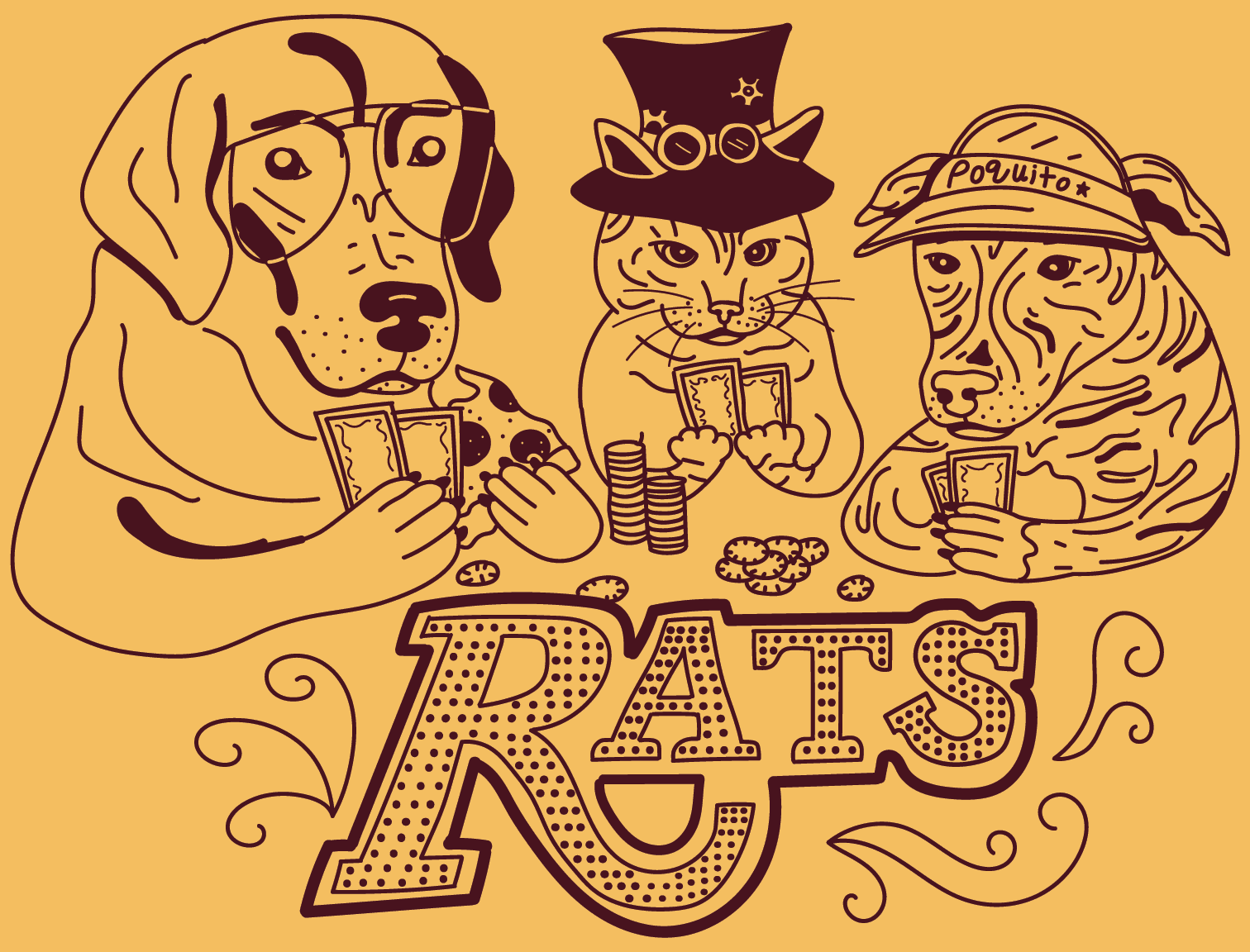 photo of an illustration of two dogs and a cat playing poker with the word Rats