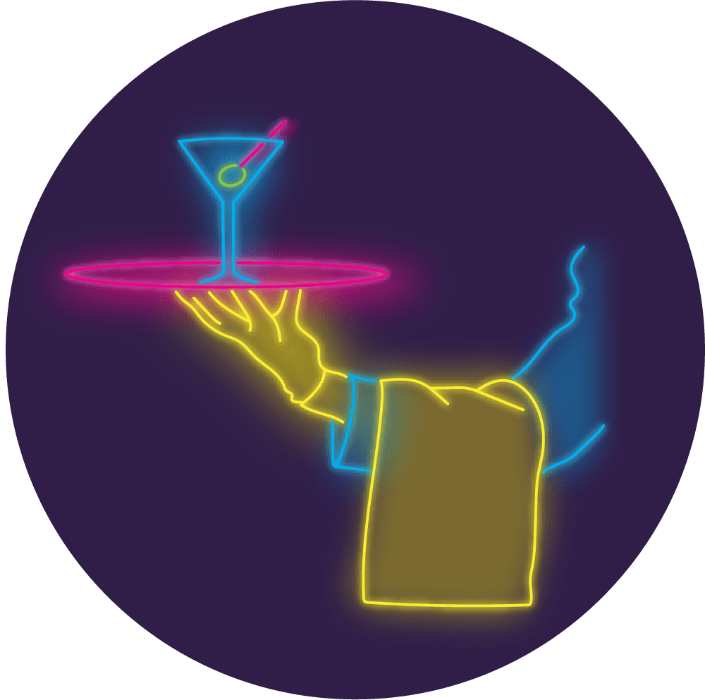 image of a neon sign of a butler's hand presenting a tray holding a martini with an olive on a skewer